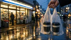 コンビニコーヒー2つがこぼれない、袋を2回ひねるだけの持ち運び術
